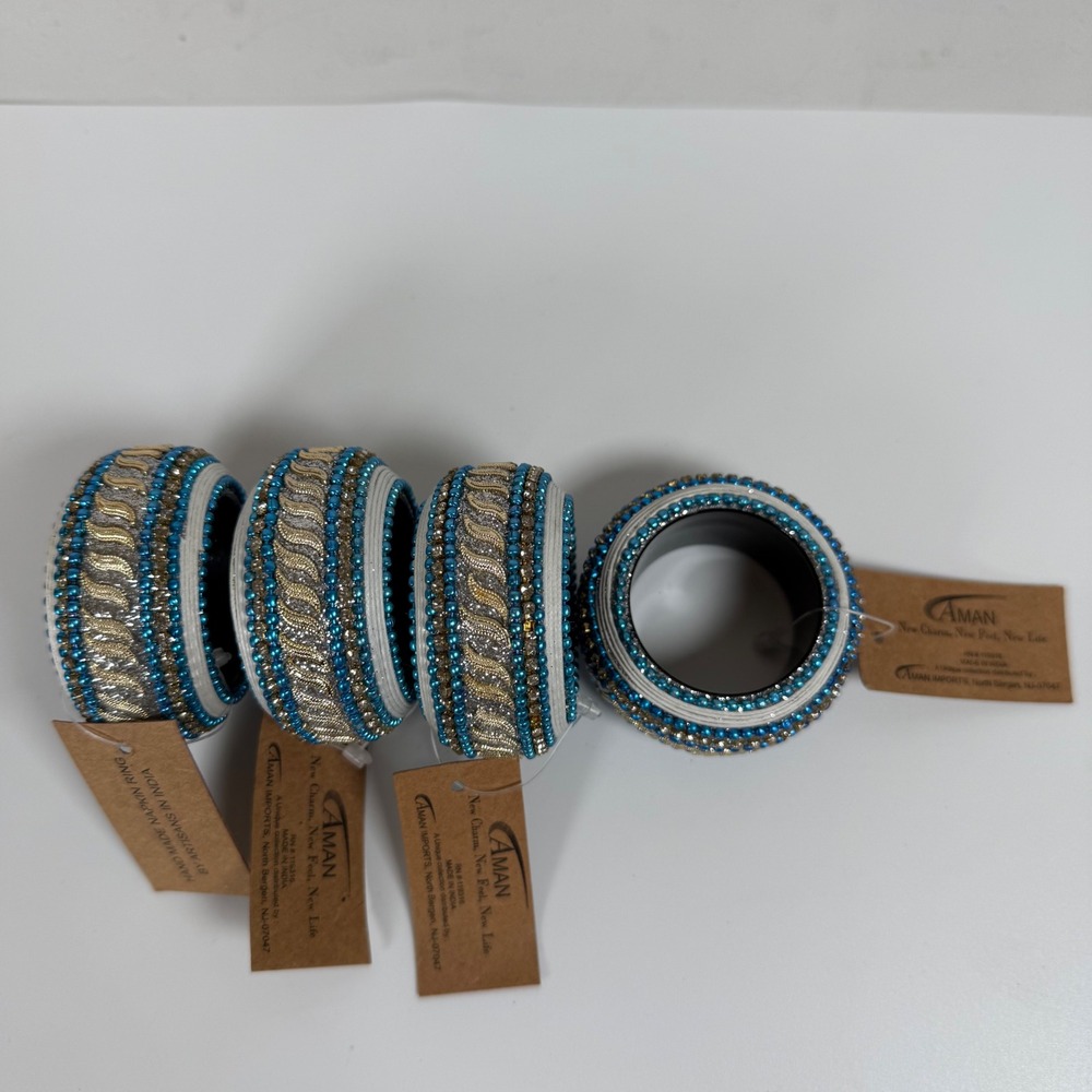 Aman Beaded Napkin Rings Set of 4 Blue Gold Decorative Dining Table - Picture 2 of 6